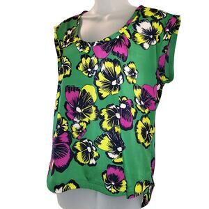 J CREW Size 10 Kelly Green Floral Sleeveless Scoop Neck Shell Top